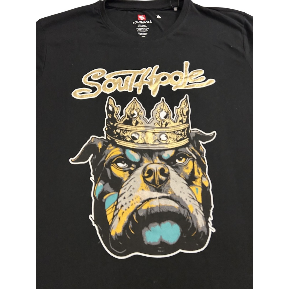 Southpole T-Shirt Mens Large Black New Bulldog Crown Graphic Metallic Gold Logo
